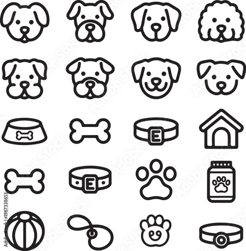 Collection of playful and essential dog-themed icons and illustrations