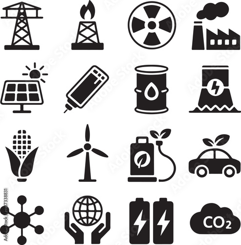 Diverse icons representing various energy sources and environmental themes