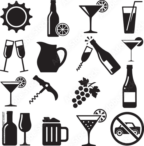 Assorted icons representing various beverages and bar accessories in a stylized manner