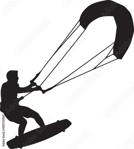 Kitesurfing Action Silhouette on Beach of the boarder and the kite in one frame, flat black vector illustration