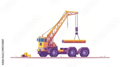 Cartoon crane lifts a pipe in isometric view, with a simple, flat design on white
