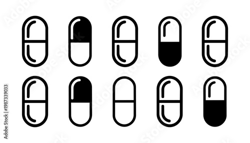 Black and white tablet symbols showing different dose levels and drug types. Useful for pharmaceutical labels health app interfaces and clinical icons.