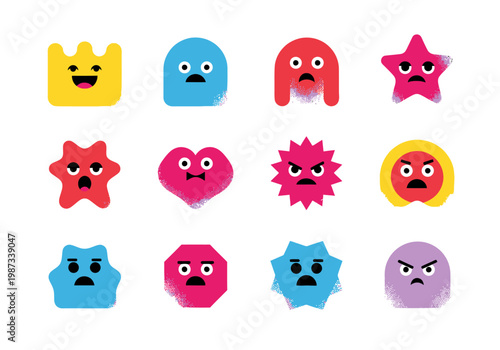 Set of Colorful Geometric Character Icons with Various Facial Expressions and Emotions, Minimalist Vector Mascots for UI Design