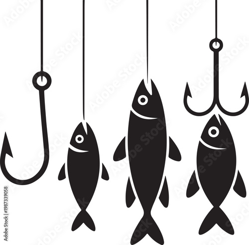 Three fish caught on different types of fishing hooks suspended in air