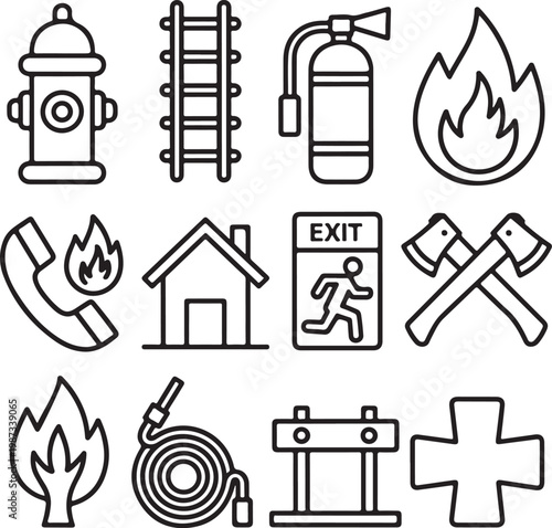 Essential icons related to fire safety and emergency preparedness