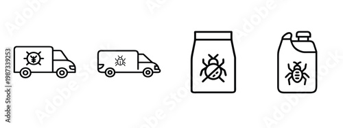Pest control service icons set featuring service van with insect pesticide poison powder bag with no bug and large pesticide container with handle Vector Illustration with editable stroke