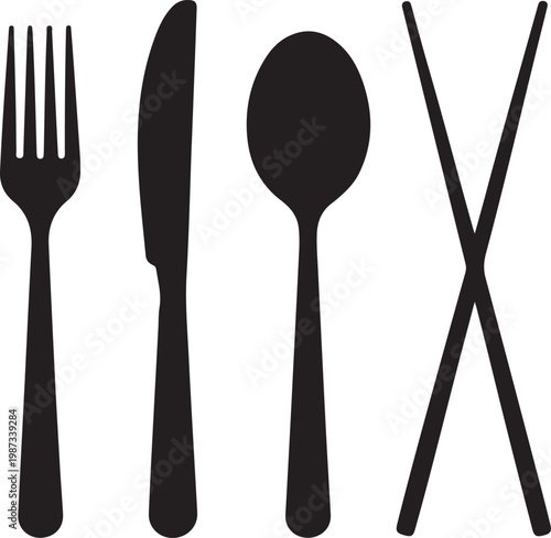 Classic set of crossed utensils including fork, knife, spoon, and chopsticks.
