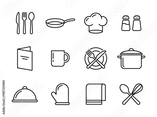 Kitchen and cooking line icons set vector illustration of food preparation and culinary utensil symbols oven mitt meal prep home cooking restaurant equipment chef hat sauce pan utensils