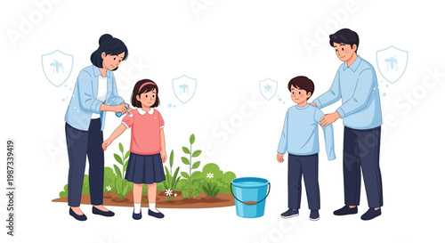 A loving family participates in a mosquito prevention campaign by applying repellent to their children in this flat vector illustration promoting World Malaria Day and malaria awareness
