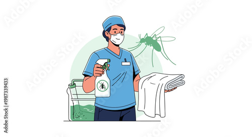 A healthcare worker wearing a mask and scrubs is depicted in a flat illustration style, actively spraying insecticide as part of a mosquito prevention campaign for World Malaria Day, set