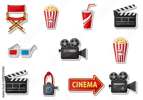 Cinema and Movie Production Sticker Icon Set with Film Equipment and Theater Snacks