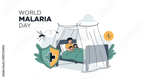 Vector illustration shows a family protected by a mosquito net on a bed, symbolizing malaria awareness, with a prominent shield and greenery, all set against a clean white background