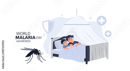 A vector illustration for World Malaria Day features a father and child sleeping soundly under a mosquito net, with a shield emblem and a large mosquito nearby, set against a clean white