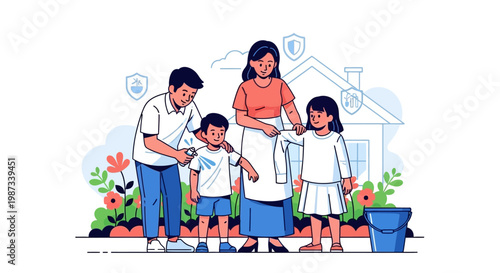 A family of four in an awareness illustration is depicted applying mosquito repellent on their children as part of a malaria prevention campaign, with a house in the background