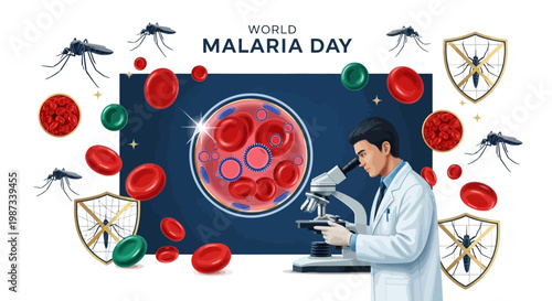 A vector illustration in observance of World Malaria Day shows a scientist in a lab coat looking through a microscope at blood cells, surrounded by mosquitoes and shield icons