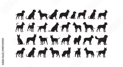 Diverse collection of dog silhouettes in various poses and breeds against a white background for creative projects.