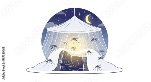 Vector illustration promoting malaria awareness depicts a person sleeping under a mosquito net surrounded by mosquitoes against a night sky background, symbolizing the importance