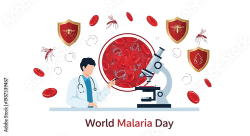 A stylized World Malaria Day illustration showcases a doctor examining blood cells under a microscope, surrounded by mosquito vectors and shield icons, set against a clean white background