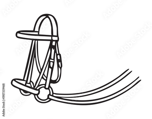 Leather bridle and reins ready for training stablehand prepping tack before riding lesson, rustic barn atmosphere, worn leather, stitched browband, attached bit and cheekpieces, coiled reins, nearby