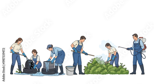 Illustrative vector promoting malaria awareness, depicting a team spraying insecticide and cleaning standing water from tires in a community, with the artistic composition against a clean