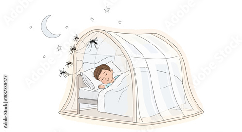A vector illustration promoting malaria awareness depicts a child sleeping peacefully under a mosquito net, as part of a mosquito prevention campaign, with a crescent moon and stars visible