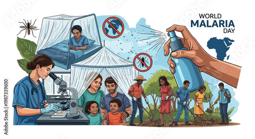 A vibrant illustration for World Malaria Day depicts a doctor using a microscope, families protected by mosquito nets, and community members spraying repellent, all set against a backdrop