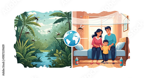 A digital illustration highlighting World Malaria Day shows a family protected by a mosquito net indoors, juxtaposed with a vector scene of a tropical outdoor area teeming with mosquitoes