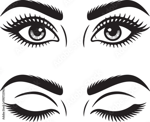 Four distinct styles of eyelashes and eyes depicted in black and white illustration