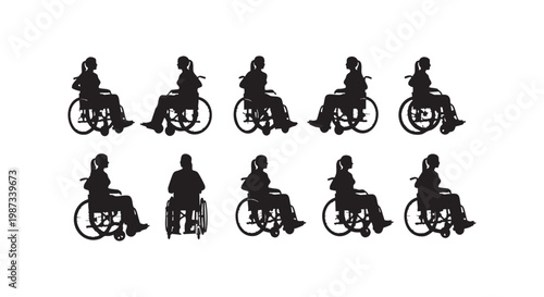 Disabled woman silhouette set vector illustration person sitting in wheelchair mobility accessibility concept isolated.