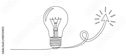 Light bulb continuous line art with rising arrow symbol representing creative ideas.