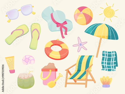 Flat colorful summer icon set with beach elements including sunglasses, hat, sandals, umbrella, chair, coconut drink, and float, modern illustration for travel, vacation, and seasonal design