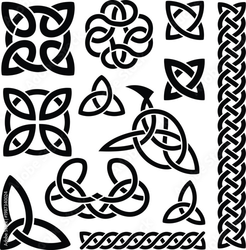 Celtic knots in black, intricate vector patterns featuring endless interwoven lines, symbolizing eternity, unity, and heritage, ideal for tattoos, logos, and decorative design projects.
