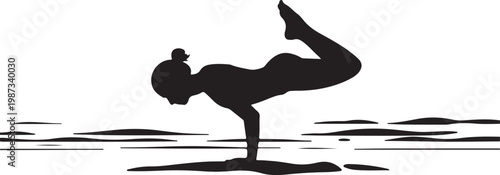 Sea Beach Yoga Crow Pose or Headstand Silhouette, Strong, recognizable geometric shapes, flat black vector illustration