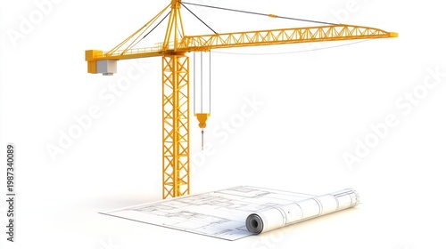 Yellow construction crane above a rolled blueprint on a white background, studio shot