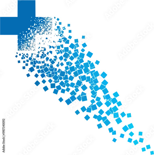 Abstract Blue Cross Symbol Decomposing into Pixels on White Background - Modern Healthcare and Technology Concept