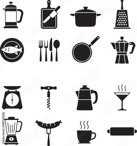 Assorted kitchen tools and utensils icons for culinary use