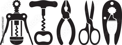 Classic set of bar tools and kitchen utensils in black and white illustration