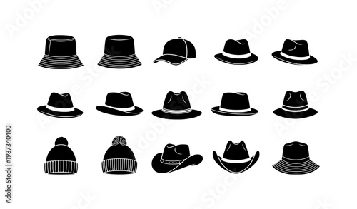 Black hat silhouettes vector set including bucket hat cap fedora and beanie icons isolated on white background
