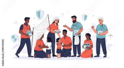 Illustrated vector scene depicting an NGO healthcare campaign, showing volunteers educating a community about mosquito prevention for malaria treatment, presented with a clean background