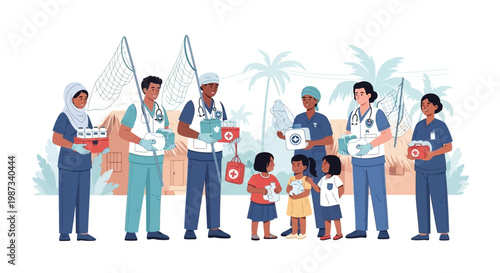 Vector illustration depicting an NGO healthcare campaign team distributing malaria treatment and engaging in community mosquito prevention education to children, set against a bright
