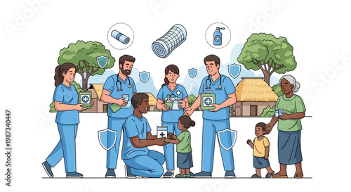 A community mosquito prevention education illustration shows diverse healthcare workers in scrubs educating villagers about malaria treatment and prevention against a background of rural