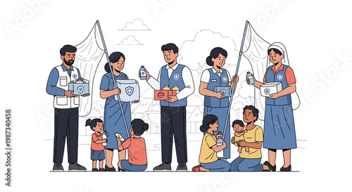 A community mosquito prevention education initiative is depicted in this vector illustration, showcasing healthcare workers providing malaria treatment to families in an NGO healthcare