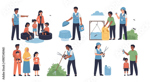 A flat vector illustration shows community members participating in NGO healthcare campaigns, including hospital malaria treatment scenes and mosquito prevention education, set