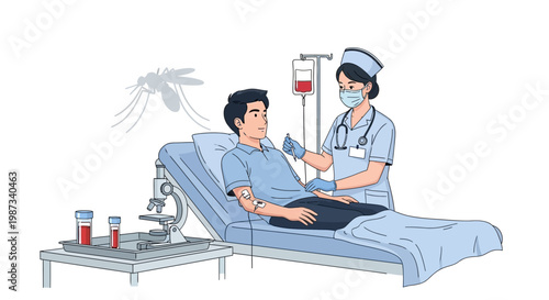 A vector illustration depicts a malaria treatment scene with a nurse in an NGO healthcare campaign administering an IV drip to a man lying on a hospital bed, with a mosquito and microscope