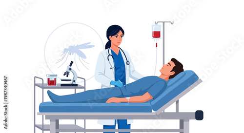 Vector illustration depicting a community mosquito prevention education effort, showing a doctor attending to a patient on a hospital bed with an IV drip, against a clean white background