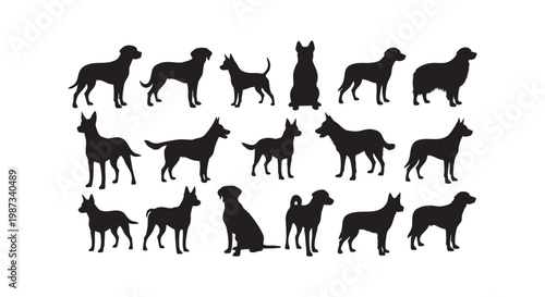Dog breed silhouette collection vector illustration domestic pets different animal shapes isolated on white background.