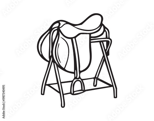 Stable equipment in rustic setting. Leather saddle placed on metal rack showcase. Traditional equestrian equipment arrangement emphasizing craftsmanship and preparedness in barn atmosphere