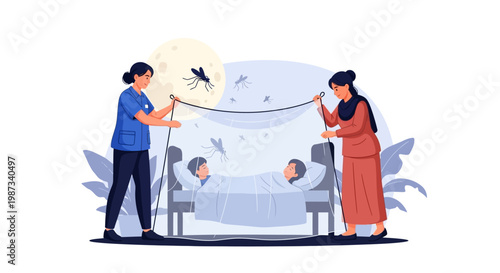 Vector illustration showing a community mosquito prevention education campaign, with healthcare workers setting up a mosquito net over a patient's bed in a hospital malaria treatment scene