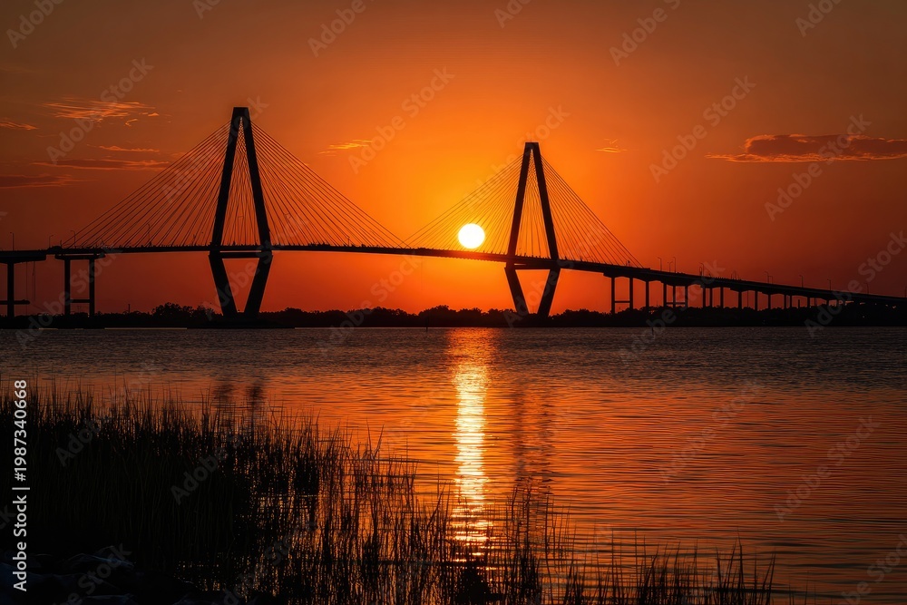 Fototapeta premium Dramatic sunset over a cable-stayed bridge reflecting on water