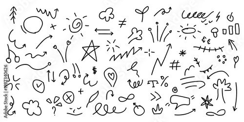 Set of cute doodle element vector isolated on white background. Hand drawn doodle collection of black ink strokes of various shapes design for sticker, highlight, decoration and idol poster.